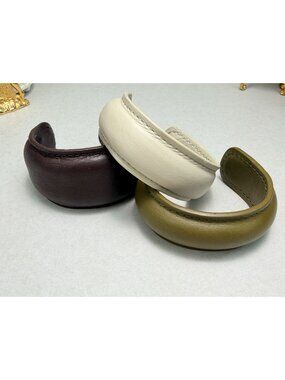 Zara Leather Cuff Bracelet Set Brown Green Ivory Padded Wide Bangle Minimalist